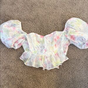 Stories Floral Puff Sleeve Crop Tie Back